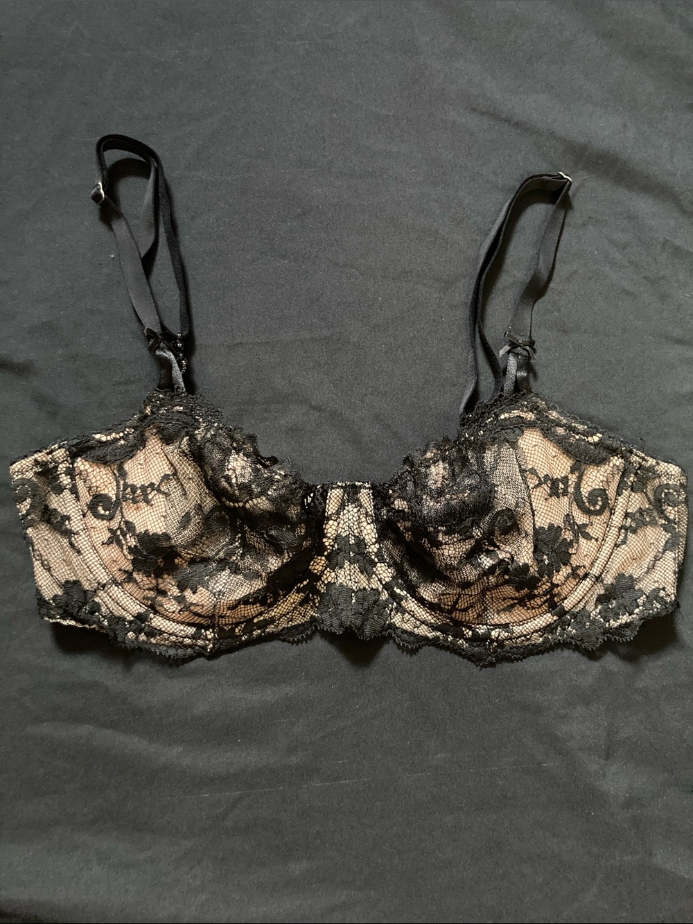 Victoria's Secret Dream Angels Black Lace Balconette Bra Nude Sheer Size 34C